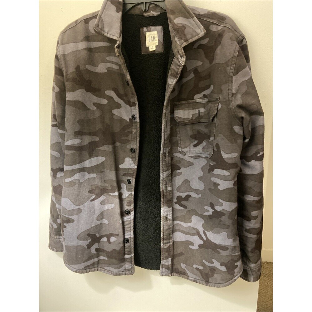 Gap Mens Black & Gray Camo Sherpa Shirt Jacket Size Medium
